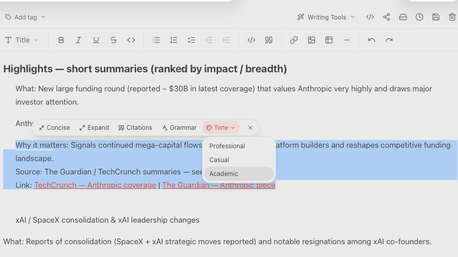 AI writing tools menu