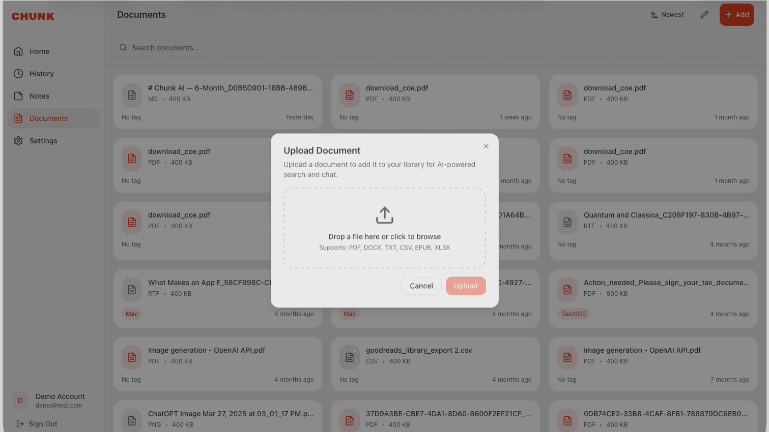 Document upload in Chunk