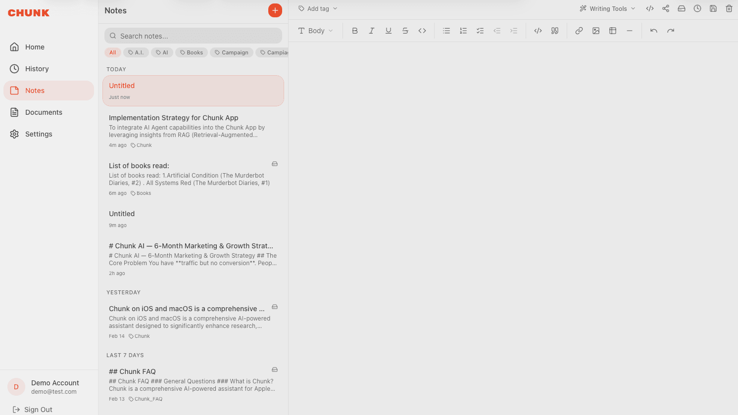 Chunk notes editor