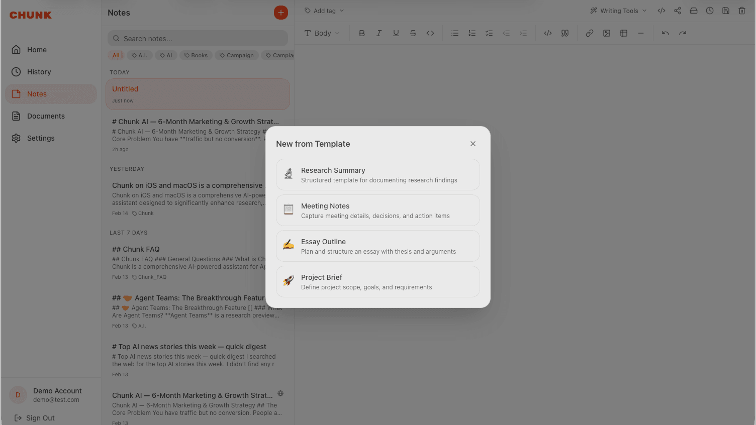 Note templates in Chunk