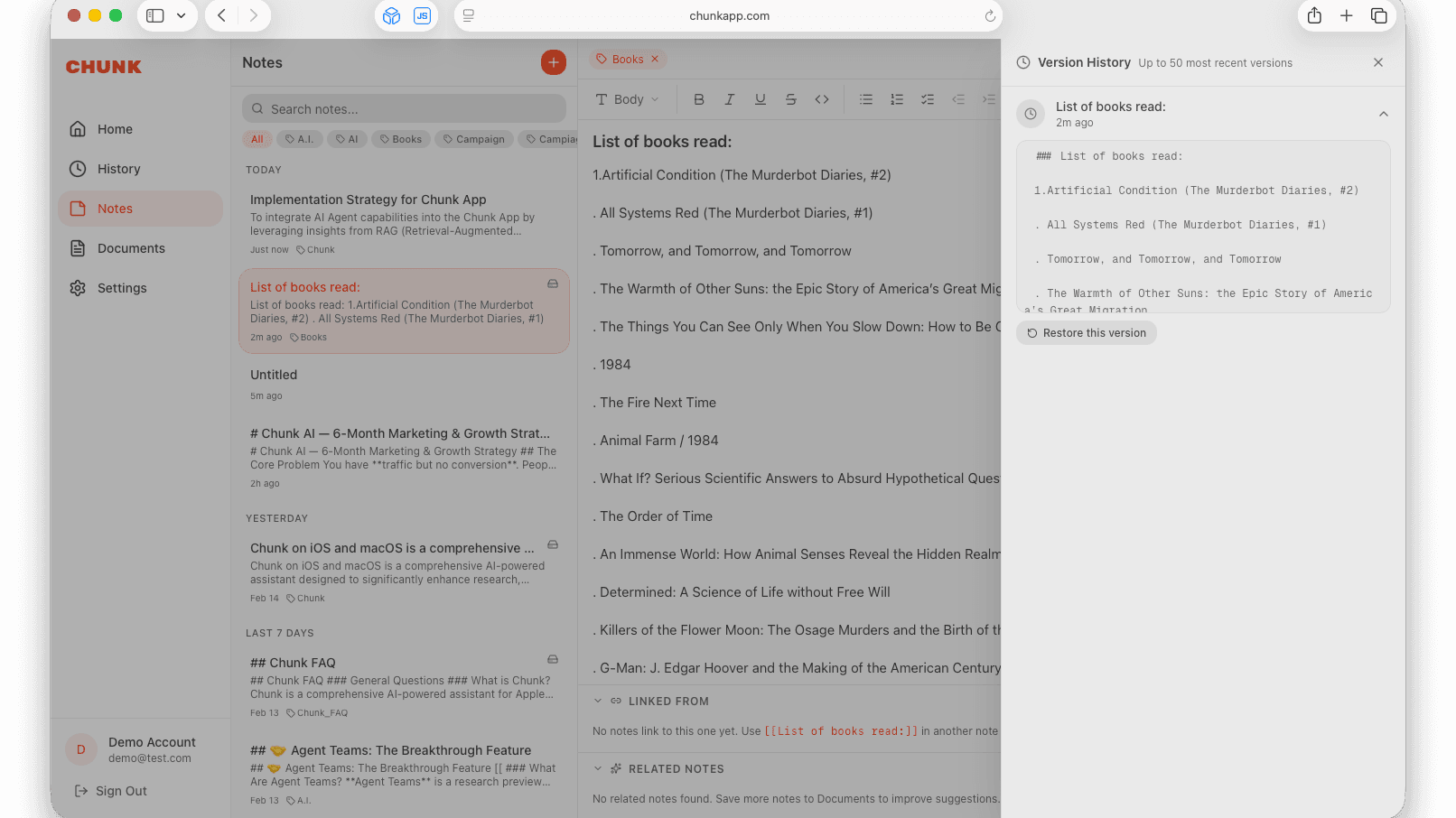 Note version history