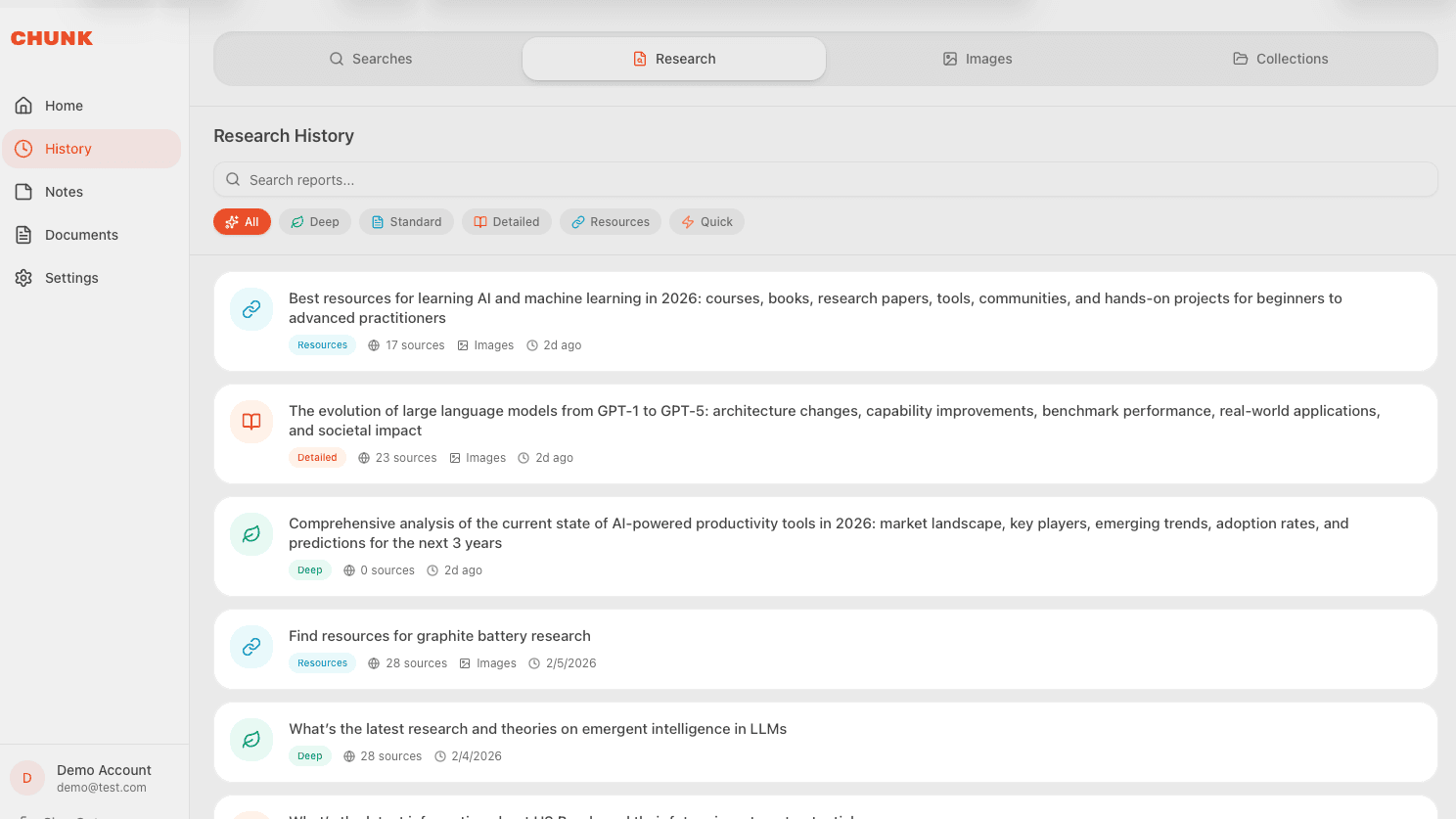 Research history with filters