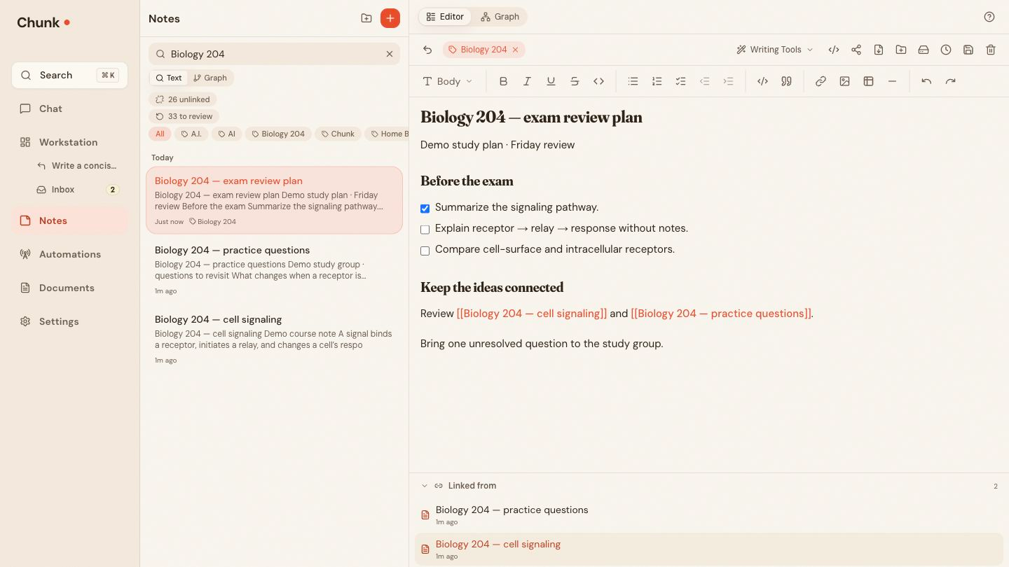 Chunk Notes with the Biology 204 exam review checklist, editor controls, links to two supporting study notes, and both notes in the Linked from panel.