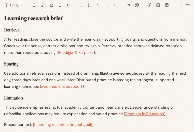 Learning research brief in the Chunk Notes editor, with retrieval, spacing and limitation sections, source links, and a project-context wiki link.