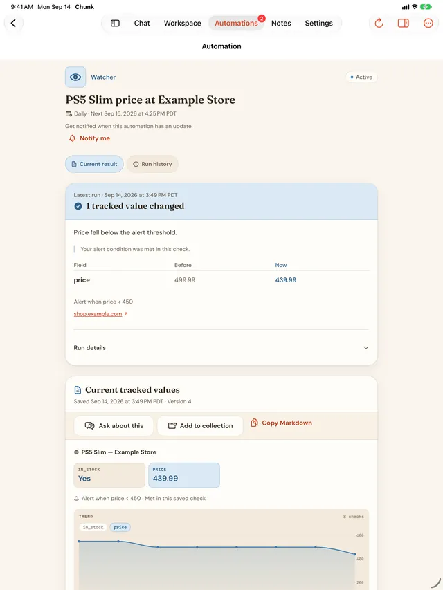 Chunk on iPad showing a page watcher automation detail with the watched page, its latest check, and what changed.