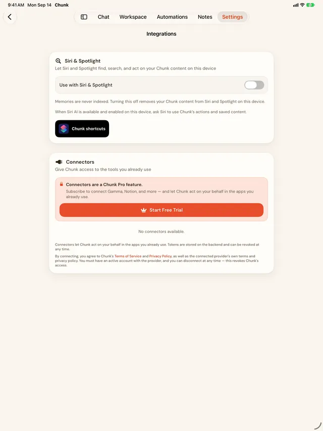 Chunk on iPad showing Settings, Integrations, with the Siri & Spotlight card, its Use with Siri & Spotlight switch, the note that memories are never indexed, and the Chunk shortcuts button.