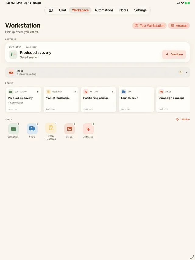 Chunk on iPad showing the Workstation desk with the Continue card, the tool tiles, and the tab bar along the bottom.