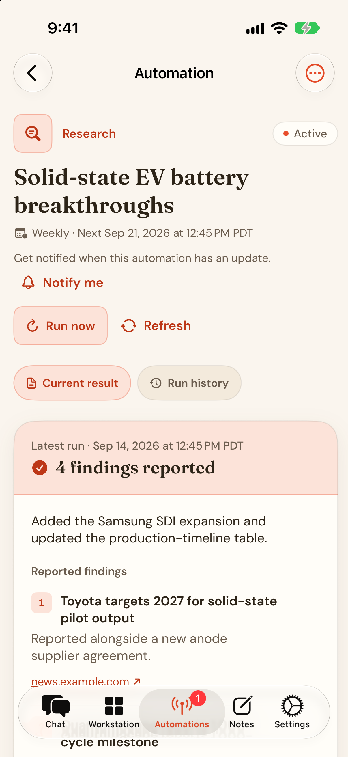 Chunk on iPhone showing a research automation detail with the current result, version 3, and the run controls.