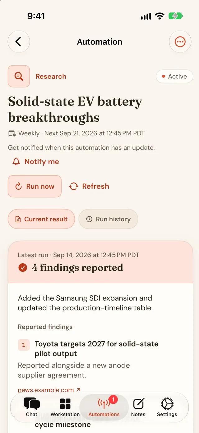 Chunk on iPhone showing a research automation detail with the current result, version 3, and the run controls.