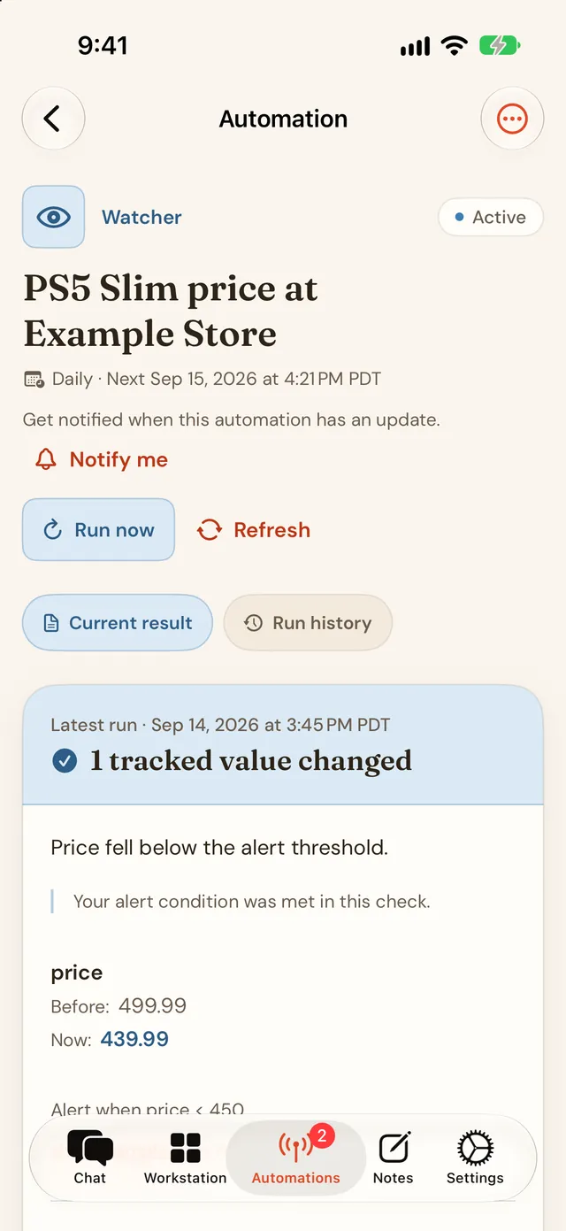 Chunk on iPhone showing a page watcher automation detail with the watched page, its latest check, and what changed.