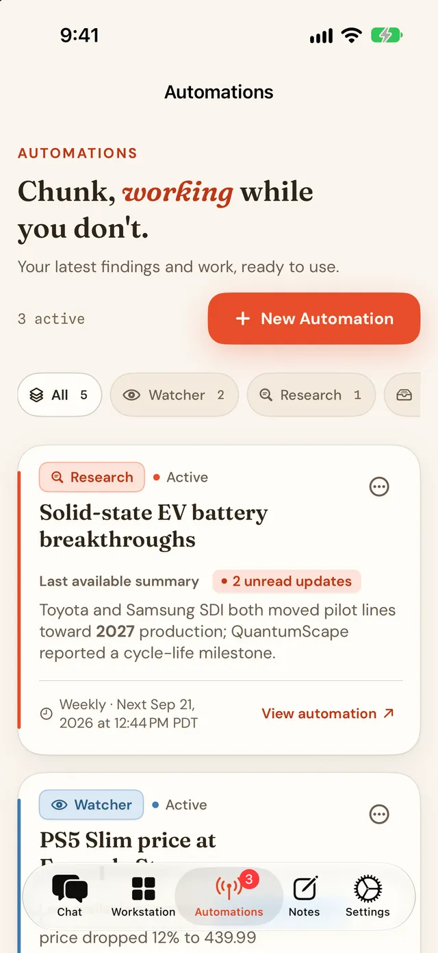 Chunk on iPhone showing the Automations list with research, watcher, and digest automations and their status pills.