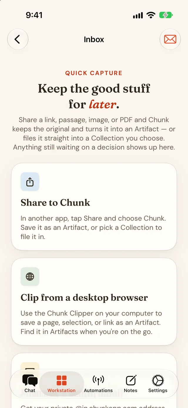 Chunk on iPhone showing the empty Inbox with the ways to bring content in: the share sheet, the Chunk Clipper, and email.