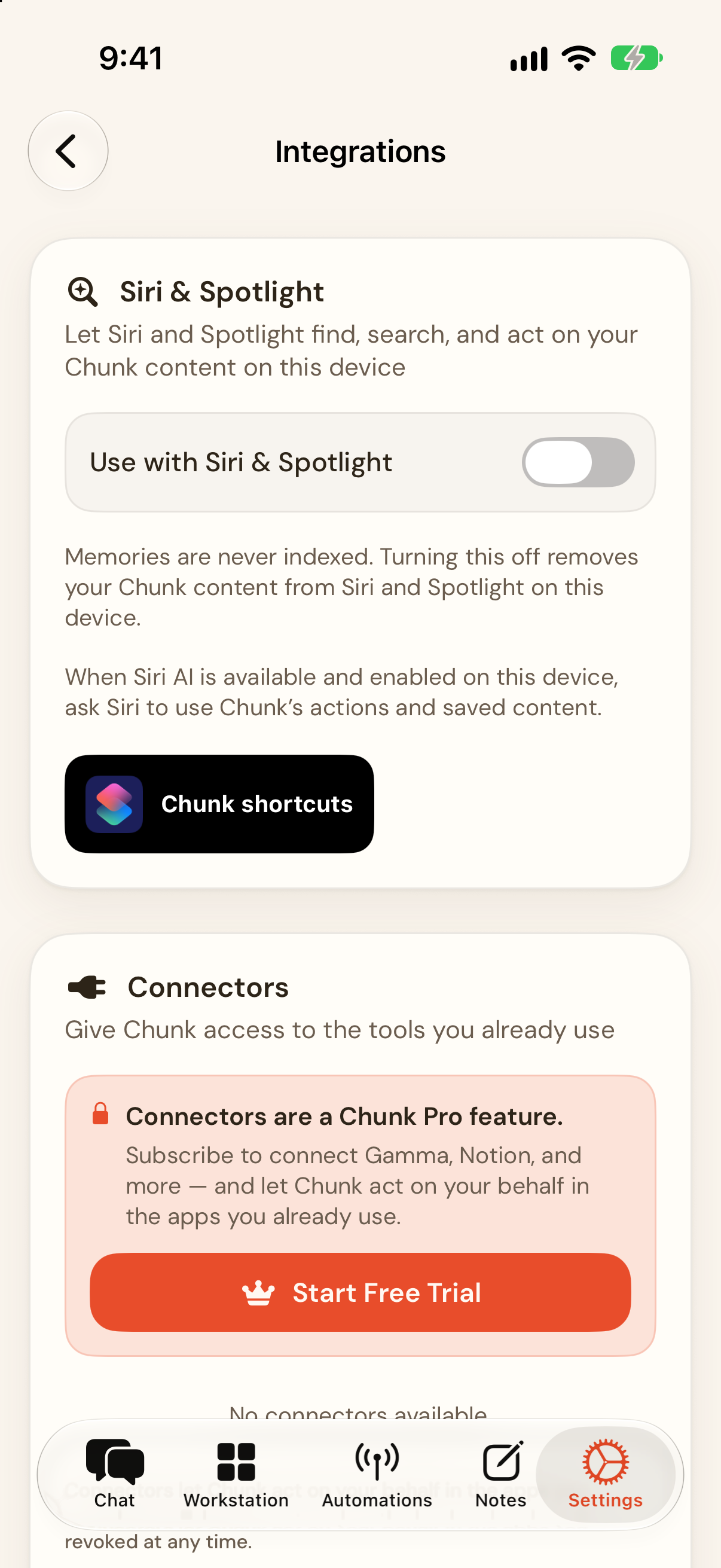 Chunk on iPhone showing Settings, Integrations, with the Siri & Spotlight card, its Use with Siri & Spotlight switch, the note that memories are never indexed, and the Chunk shortcuts button.