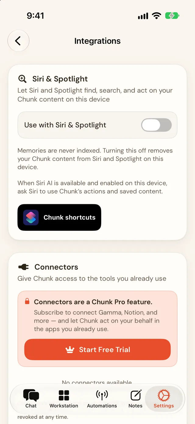 Chunk on iPhone showing Settings, Integrations, with the Siri & Spotlight card, its Use with Siri & Spotlight switch, the note that memories are never indexed, and the Chunk shortcuts button.