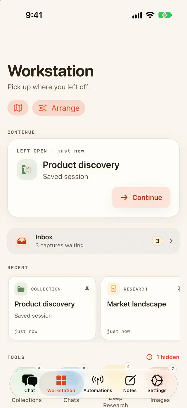 Chunk on iPhone showing the Workstation desk with the Continue card, the tool tiles, and the tab bar along the bottom.