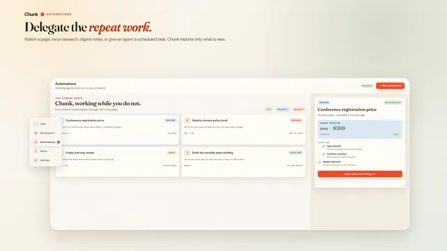 App Store artwork for Chunk on Apple Vision Pro: the Automations list with scheduled research and page watchers in a glass window.