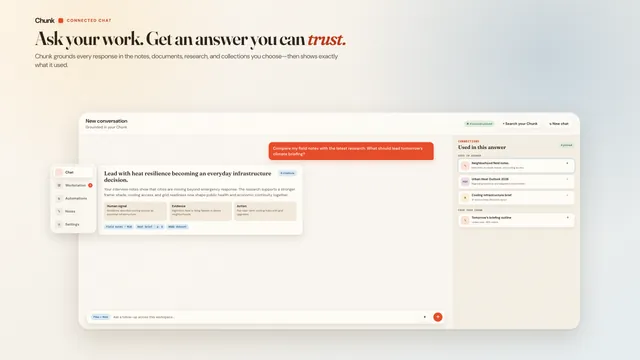 App Store artwork for Chunk on Apple Vision Pro: a chat window in the system glass with a cited answer and its sources beside it.