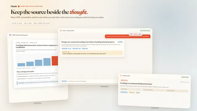 App Store artwork for Chunk on Apple Vision Pro: a PDF, a conversation, and a note open as separate windows in one room.