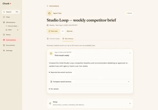 Chunk Studio Loop Run history with the September 4, 2026 at 8:45 PM PDT entry expanded, its recorded first-result outcome, and run detail and saved-version comparison controls.