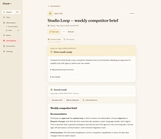 Chunk navigation and Studio Loop task header, First result ready, saved version 1 with result actions, and the complete approval-to-update recommendation and initial-baseline explanation.