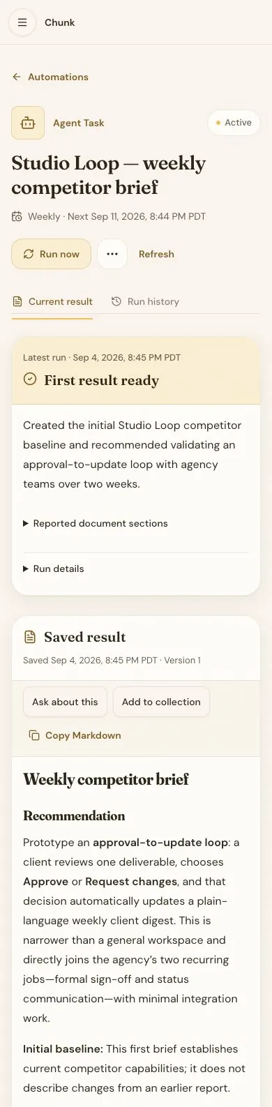 Chunk mobile web Studio Loop task header, first-run outcome, saved version 1, result actions, and full approval-to-update recommendation with the initial-baseline explanation.