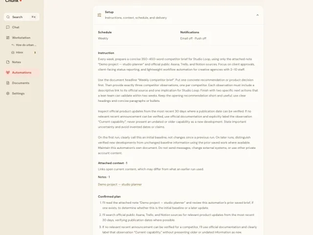 Chunk navigation beside expanded automation Setup, showing schedule, notification status, instructions, the attached Demo project — studio planner note, and the first three confirmed plan steps.
