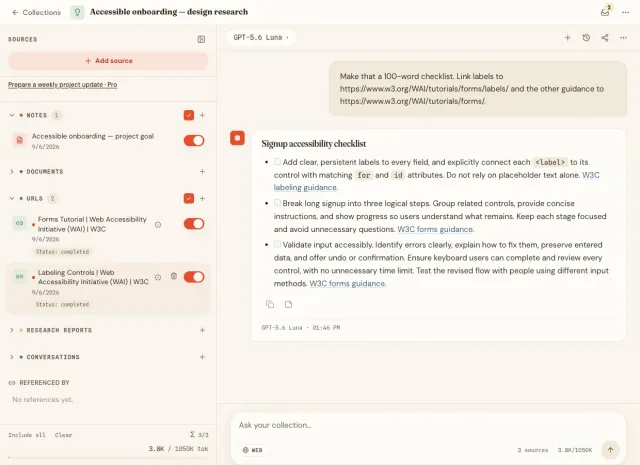 Chunk collection conversation with a project note and two completed W3C accessibility resources selected beside a cited signup accessibility checklist and chat controls.