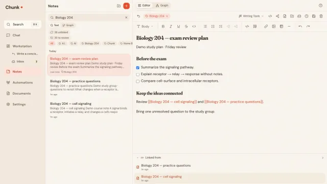 Chunk Notes with the Biology 204 exam review checklist, editor controls, links to two supporting study notes, and both notes in the Linked from panel.