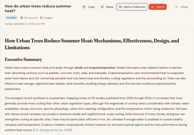 Completed Chunk Standard report about urban trees and summer heat, showing 20 sources, report actions, shade and evapotranspiration findings, and a USGS citation.