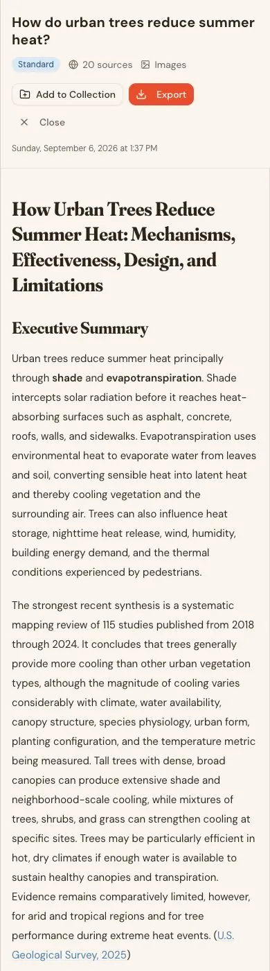 Chunk mobile web report with its urban-trees question, Standard badge, 20-source count, Add to Collection, Export and Close controls, opening findings, and USGS citation.